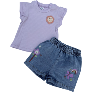 Σετ με ριπ λιλά μπλουζάκι και τζιν σορτσάκι με λουλούδια