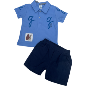 Αγορίστικο καλοκαιρινό σετ! Μπλουζάκι τύπου πόλο μπλε με ζωάκια & υφασμάτινο παντελονάκι!🐻