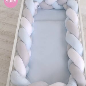 Προστατευτική πάντα -πλεξούδα κούνιας (γαλάζιο/λευκό/γκρί)